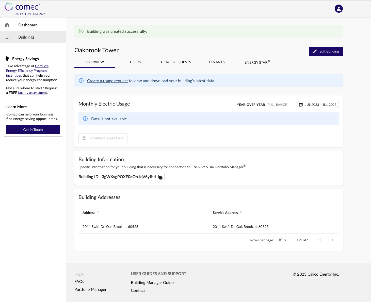 Energy Usage Data System Building Overview Screen