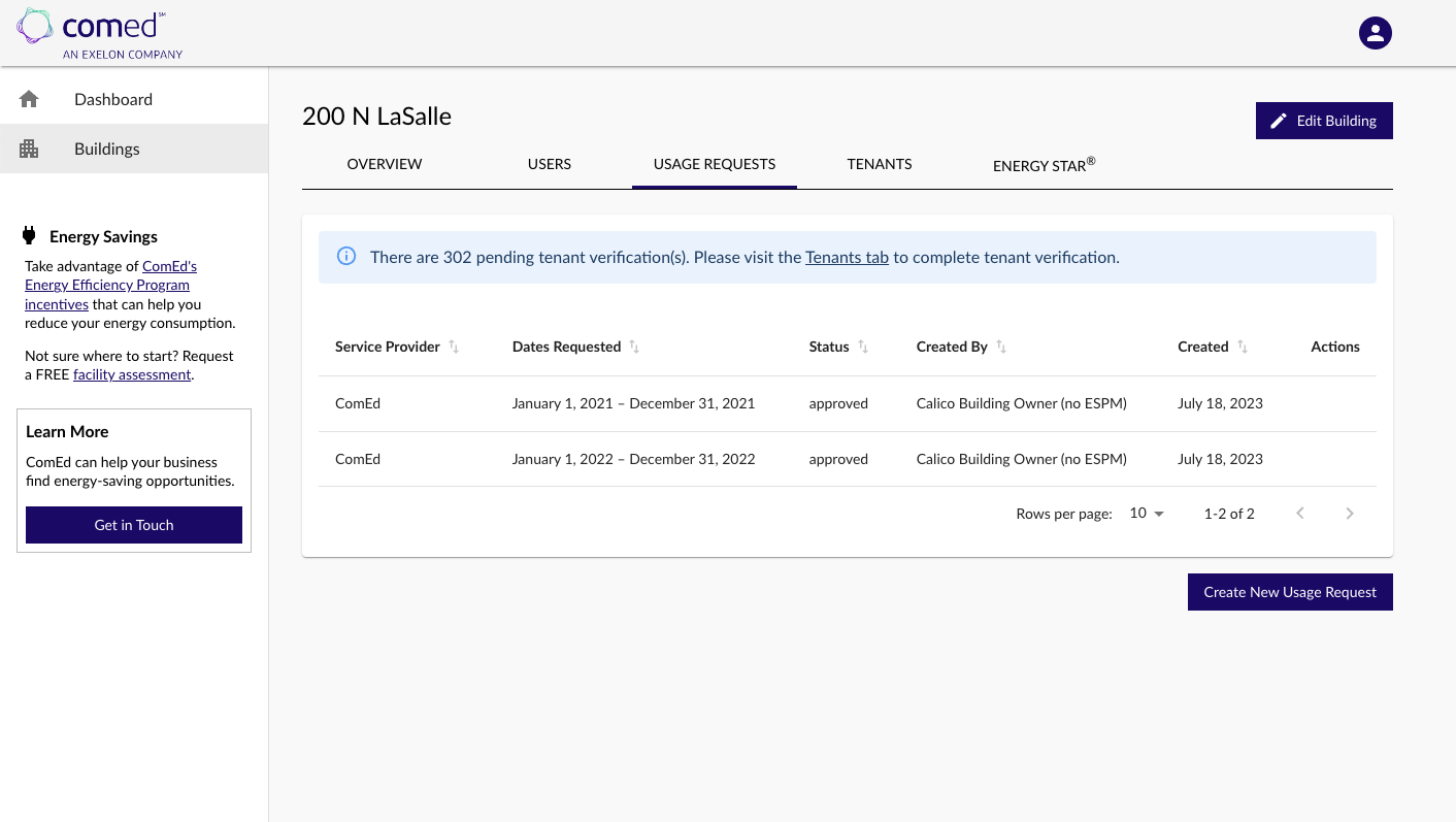 Energy Usage Data System Usage Request Status