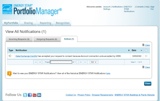 ENERGY STAR Notification - Connection Success